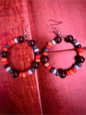 Beaded Hoop Earrings with Multicolor Accents - Women Jewelry